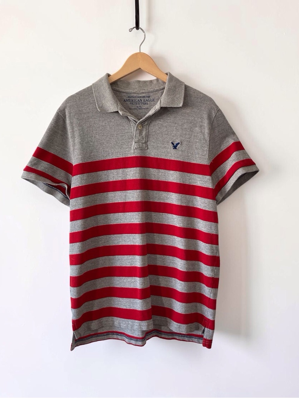 American Eagle Outfitters Mens Striped Logo Polo Shirt XL Gray Red Athletic Fit